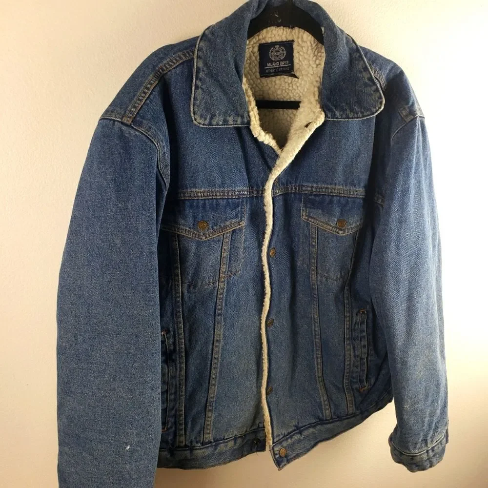 Men's Vintage Milano Bay Denim Sherpa Line Snap Button Jacket Size Large - Picture 5 of 13